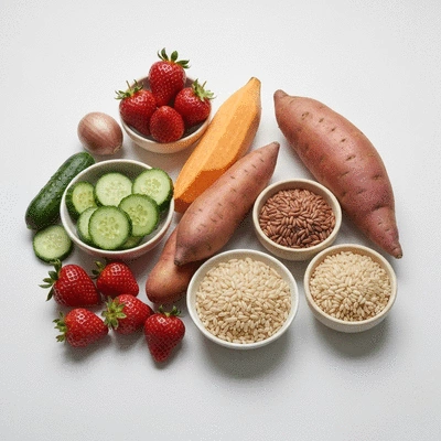 An assortment of colorful, fresh, whole allergy-free foods like fruits, vegetables, and gluten-free grains on a light background, no text, no words, no typography, no labels, clean image