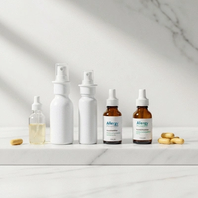 Various allergy relief products like nasal spray, antihistamines, and eye drops arranged neatly on a clean surface, no text, no words, no typography, clean image, studio lighting