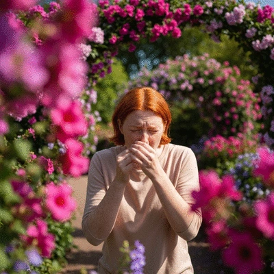Person experiencing seasonal allergies outdoors, surrounded by blooming plants
