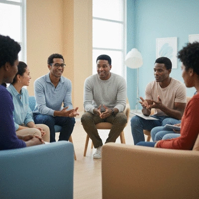 Diverse group of people in a support group setting, discussing mental health and allergies