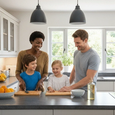 Family cooking safely in an allergen-friendly kitchen
