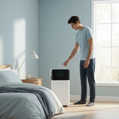 Person using a dehumidifier in a clean bedroom to control humidity, no text, no words, no typography, clean image