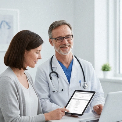 Doctor and patient discussing medical records on a tablet, professional setting, no text