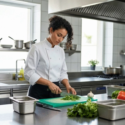 Chef preparing allergy-friendly meal in a professional kitchen, focusing on fresh, safe ingredients, no text, no words, no typography, clean image