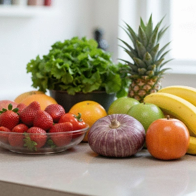 Variety of colorful, healthy, pre-packaged allergy-friendly meals on a kitchen counter, clean and modern aesthetic, no text, no words, no typography, clean image