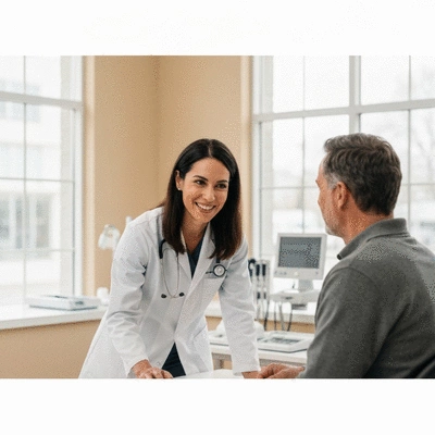 Doctor and patient discussing allergy test results in a clinic setting