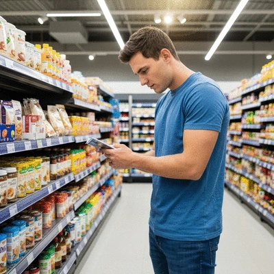 Person reading food labels in a grocery store aisle, focusing on allergy information