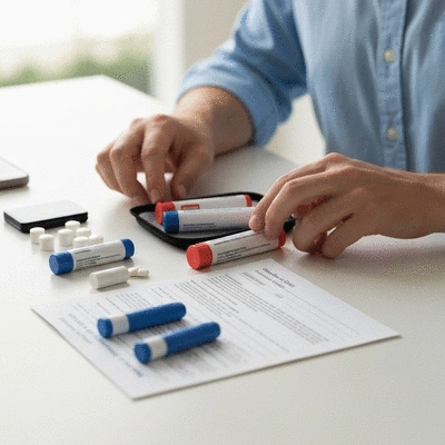 Person checking an allergy emergency kit with medications and documents