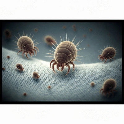 Microscopic dust mites on fabric surface, highly magnified, no text, no words, no typography, clean image