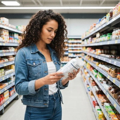 Person holding a grocery item, carefully reading the food label for allergen information