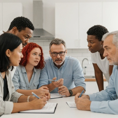 Family and friends discussing an allergy management plan