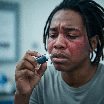 Person experiencing a severe allergic reaction, holding an epinephrine auto-injector, in a medical setting