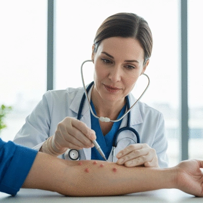 Close-up of a doctor performing a skin prick test on a patient's arm, with small red bumps indicating reactions, clean medical setting, no text, no words, no typography, 8K