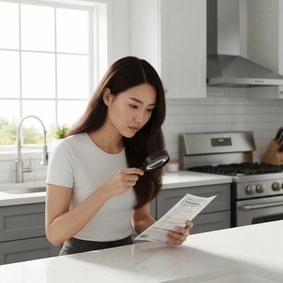 Person studying a food labels for allergens with a magnifying glass