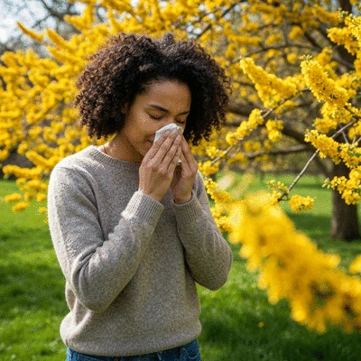 Person experiencing seasonal allergies, rubbing their nose with a tissue, with a blurred outdoor background, no text, no words, no typography, clean image