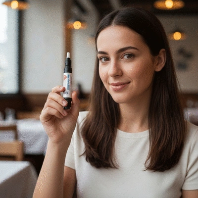 Person holding an epinephrine auto-injector, with a blurred background of a restaurant table, no text, no words, no typography, clean image