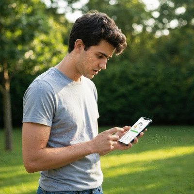 Person looking at pollen count on a smartphone with a blurred nature background