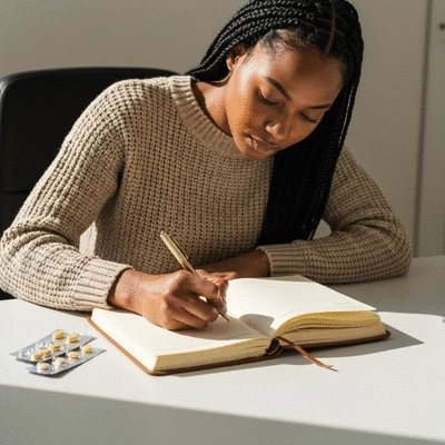 Person writing in a physical diary with medication blister packs and a pen on a clean, light-colored desk, symbolizing organization and health tracking, no text, no words, no typography, no labels, clean image