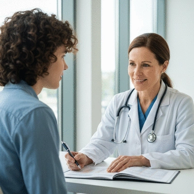 Doctor and patient discussing an allergy action plan, with a medical chart visible, in a modern clinic setting