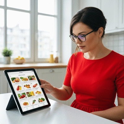 Person using a food allergy tracking app on a smartphone, scanning a barcode on food packaging, with a clean kitchen background