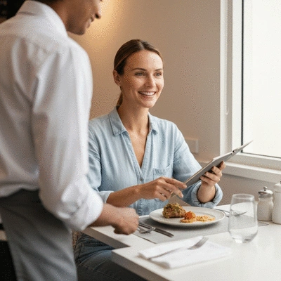 Person confidently traveling and enjoying a meal in an allergy-aware setting