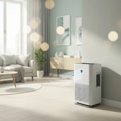 Modern air purifier filtering allergens in a clean, bright living room