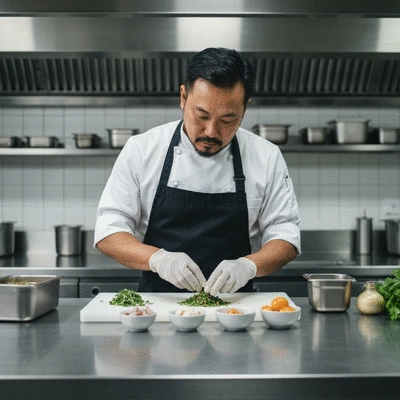 Chef in a professional kitchen preparing food carefully, wearing gloves, with allergy-friendly ingredients on a clean counter, no text, no words, no typography, clean image