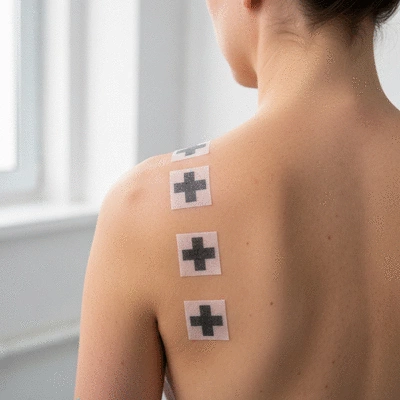 Close-up of a patient's back with several patch tests applied, showing small squares of adhesive patches, clinical setting, no text, no words, no typography, 8K, natural lighting