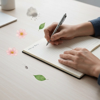 Person writing in an allergy diary with a pen, surrounded by elements representing allergens like pollen or dust, no text, no words, no typography, clean image