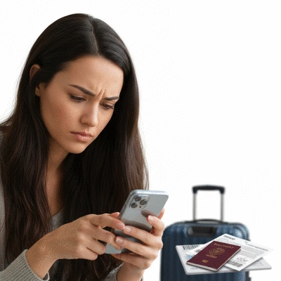 Person reviewing allergy information on a smartphone with travel items in the background