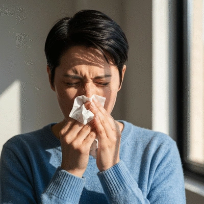 Person experiencing nasal congestion and sneezing, holding a tissue