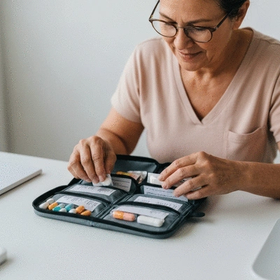 Person organizing medication in travel organizer