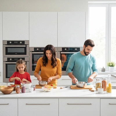Family preparing food in an allergy-safe kitchen, clean and modern, no text, no words, no typography