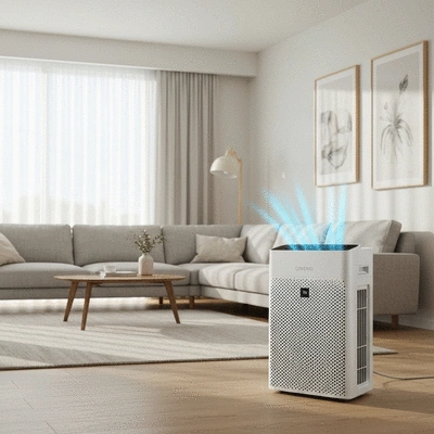Modern air purifier running in a clean living room