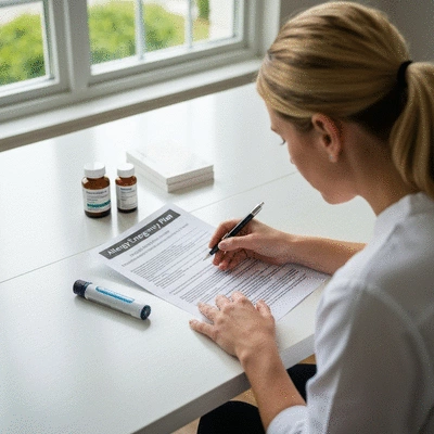 Person reviewing a detailed allergy emergency plan document on a table with medical supplies