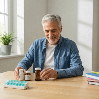Senior adult organizing various medication bottles on a table