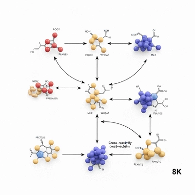 Diagram illustrating cross-reactivity between different food proteins, with arrows connecting similar allergens