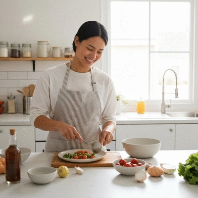 Person happily preparing a meal with allergy-free ingredients in a clean kitchen, no text, no words, no typography, no labels, clean image