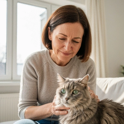 Person experiencing allergy symptoms after petting a cat