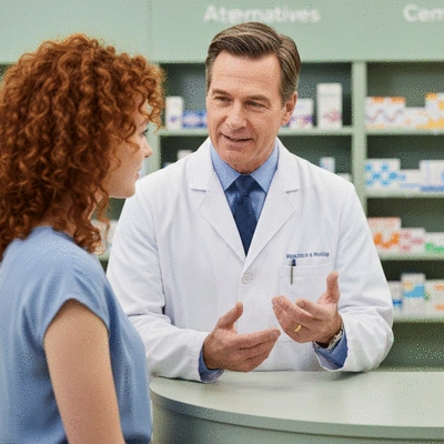 Pharmacist consulting with a patient about medication alternatives, displaying a clear and reassuring interaction, no text, no words, no typography, clean image