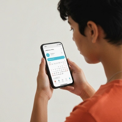 Person using a medication tracking app on a smartphone, with a calendar or log visible, highlighting digital health solutions, no text, no words, no typography, no labels, clean image