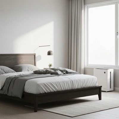 Clean, minimalist bedroom with hypoallergenic bedding and an air purifier