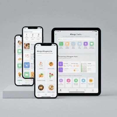 Digital tools and apps for allergy management displayed on a smartphone and tablet