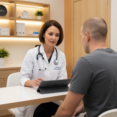 Healthcare professional reviewing allergy data on a tablet with a patient, modern clinic setting, collaborative, no text, no words, no typography, 8K
