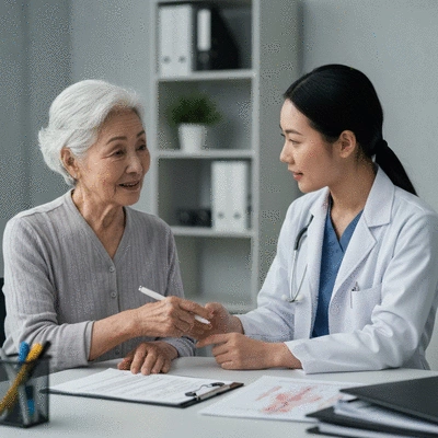 Elderly person discussing medication allergies with a healthcare provider