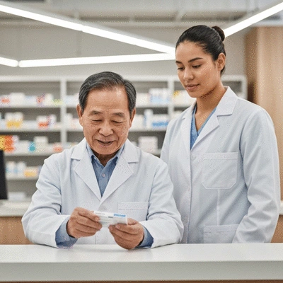 Person reviewing medication labels to check for allergens, with a pharmacist in the background, in a modern pharmacy setting