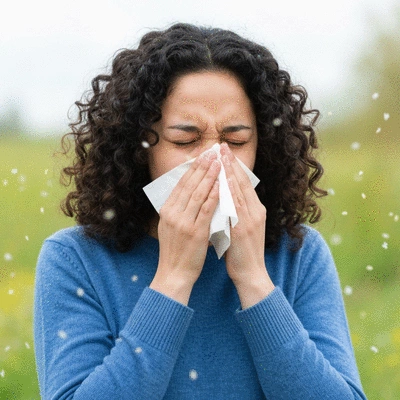Person sneezing into a tissue with blurred pollen in the background