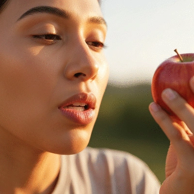 Person experiencing oral allergy symptoms after eating an apple