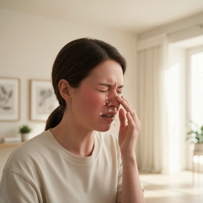 Person experiencing mold allergy symptoms like sneezing and watery eyes in a home environment