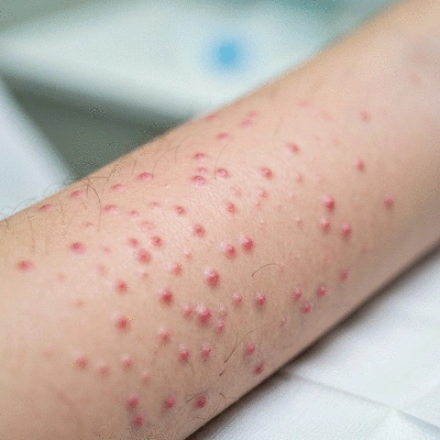 Close up of a person's arm undergoing a skin prick allergy test